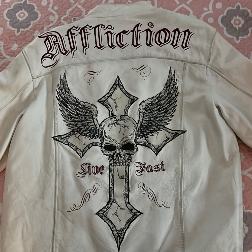 Affliction White Bomber Jacket with Ornate Cross Design